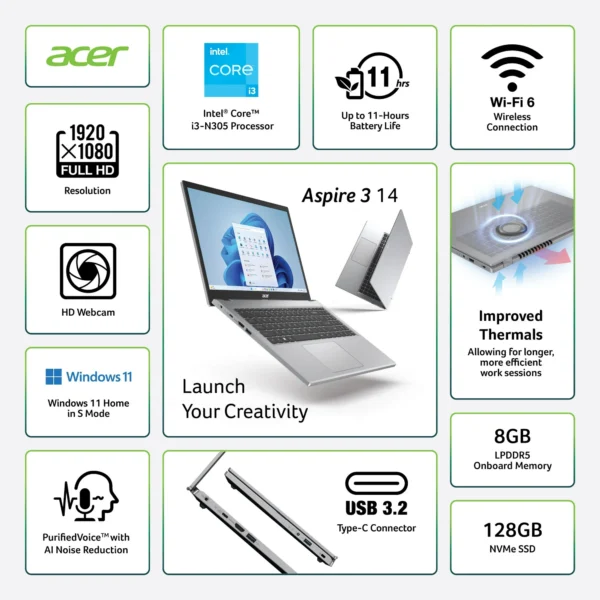 ACER ASPIRE 3 INTEL CORE I3-N305 8GB DDR5 128GB SSD 14" FULL HD WINDOWS 11 HOME - Imagen 4